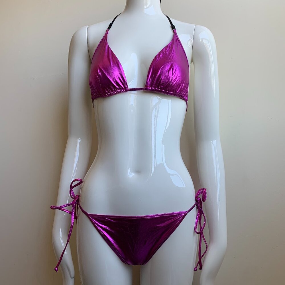 Sauvage California Pink Fuschia foil lame metallic triangle bikini set